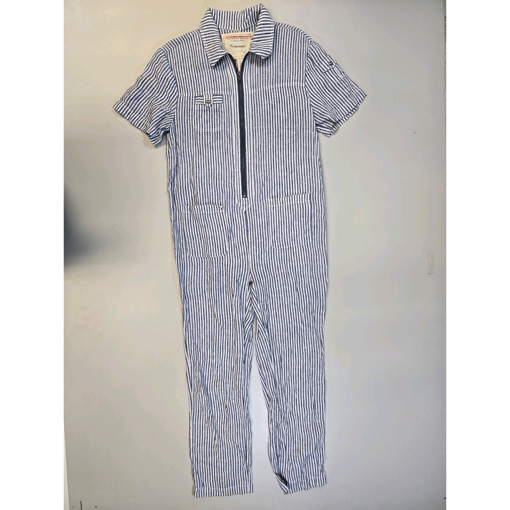Anthropologie Cartonnier Blue/White Railroad Stripe Linen Jumpsuit XS "NO BELT"